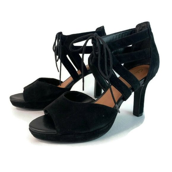 Clarks Artisan Womens Black Platform Heel Suede Open Toe Strappy Lace Up 8 - Picture 1 of 9